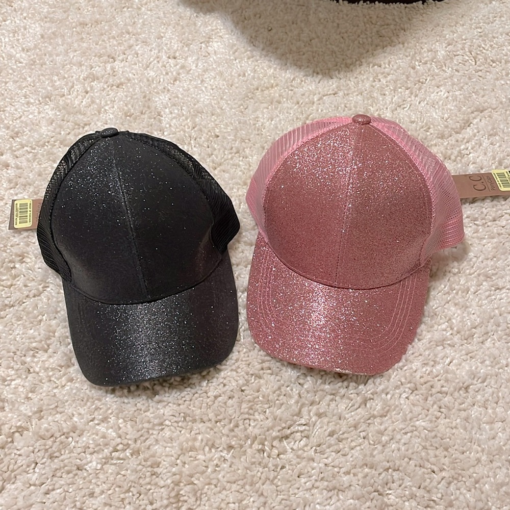 Set 2 hats CC pony cap Sparkle bling pink black womens baseball cap hat new
